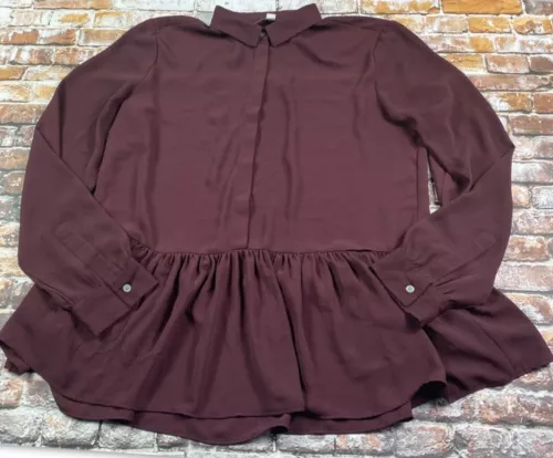 Ann Taylor Loft Top Ladies M Maroon Sheer Blouse Button Collar Casual Womens