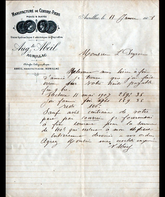 AURILLAC (15) PEYROLLES FACTORY / FOOT COVERS ''Auguste ABEIL'' letter in 1908