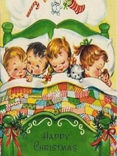 Vintage Style Christmas Card Girl boy bed dog Metal Magnet 3x4 inches 8527