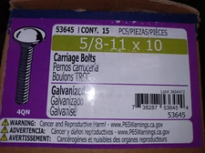 (15 PCS) Midwest Fastener 53645 Carriage Bolts 5/8"-11 x 10" Galvanized Steel