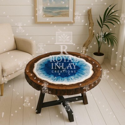 18'' Blue River Resin Tabletop   Handmade Epoxy Wood Slab Art for Interiors