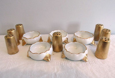 5 FOOTED OPEN SALT CELLARS DIPS VIENNA AUSTRIA 7 INDIVIDUAL GOLD  SALT SHAKERS 