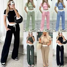Ladies Short Sleeves Ribbed Contrast Crop Top and Flared Trouser Set Co Ord Set