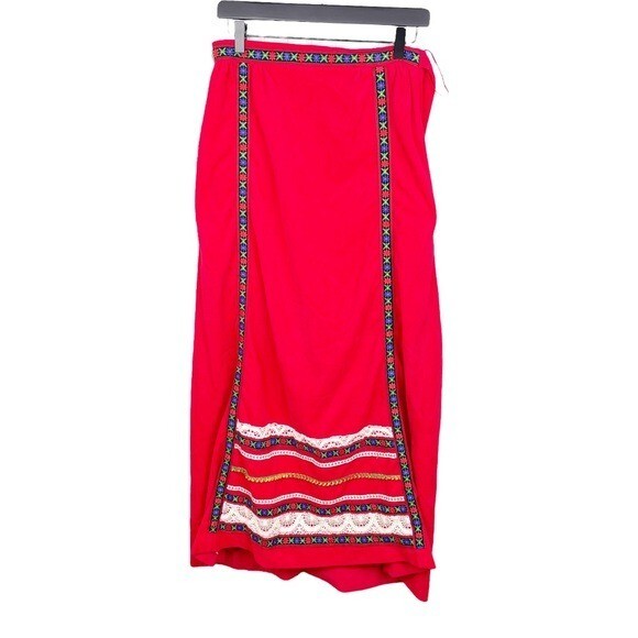 Vintage 1970s Velvety Soft Red Floral Embroidered Maxi Skirt