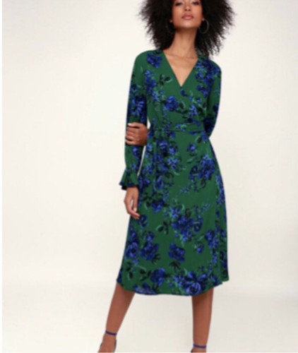 Blue Floral Wrap Midi Dress 