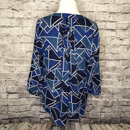 NYDJ Blue Abstract Pintuck Pleat Back Blouse Button Placket Split Neck Size PXS - Picture 8 of 12
