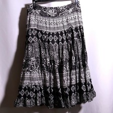 VTG Black White Paisley Floral Tiered Cotton Maxi Skirt Whimsigoth Fairy Boho L