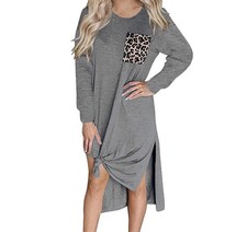 175. NWOT! Long Sleeve Gray T-Shirt Midi Dress, Slit Sides, Animal Print Pocket