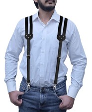 Heavy Duty Black Leather Suspenders for Men with Strong Clips
