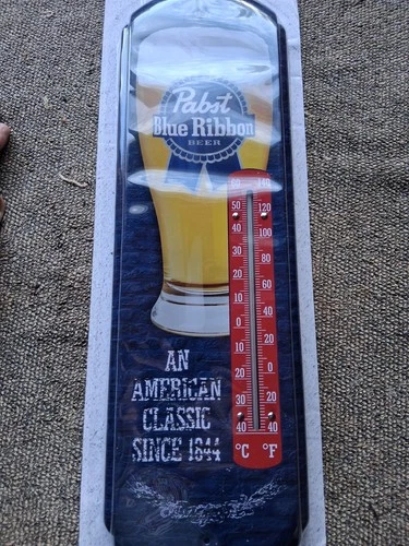 Pabst Blue Ribbon Metal Thermometer Wall Sign Retro Beer Bar Garage Man Cave