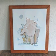 Vintage Pine Framed Ceramic Tile Pig In A Tub Bath Wall Hanging 