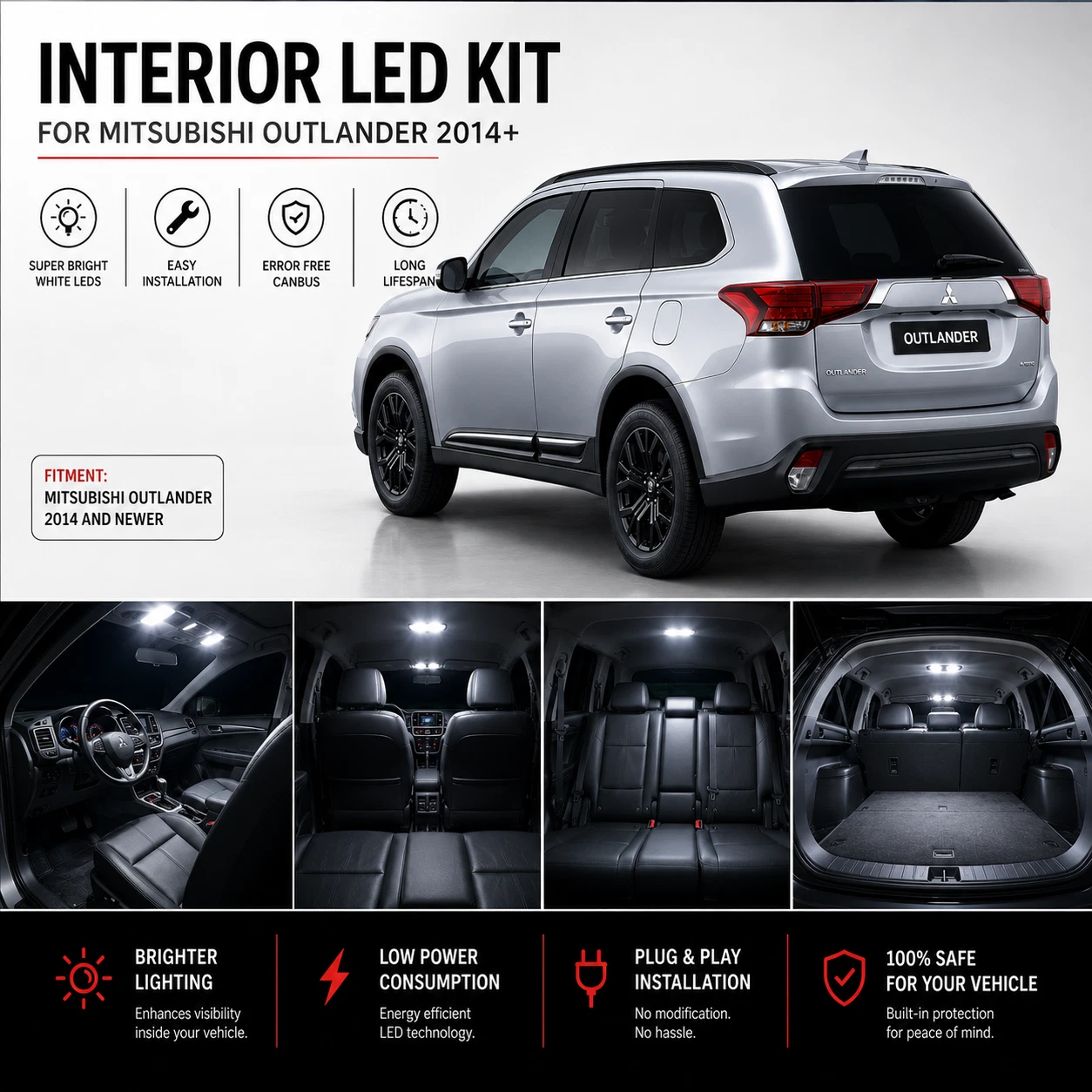 PREMIUM INTERIOR FULL WHITE LED LIGHT KIT SET for MITSUBISHI OUTLANDER 2014+