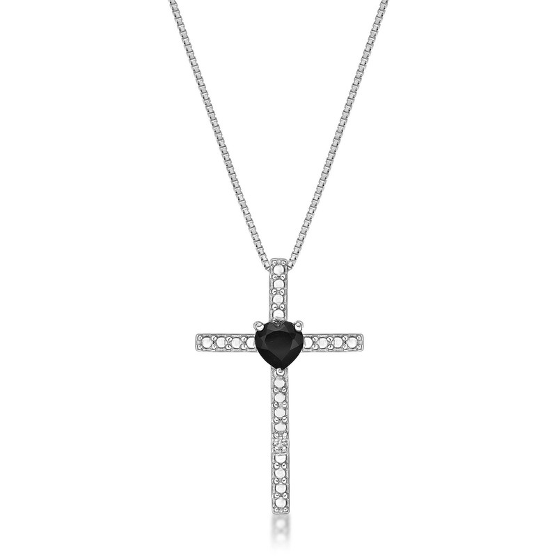 925 Sterling Silver 4MM Heart Shaped Black Onyx Cross Pendant with 0.01 cttw Dia