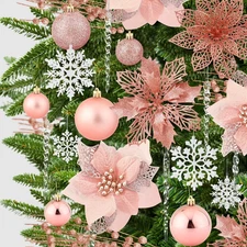 92Pcs Rose Gold Christmas Tree Decorations Ornaments Flowers Berries Snowflakes