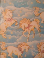 Vintage 80s Hallmark Happy Birthday Unicorn Fantasy Gift Wrap Paper 1 Sheet NOS