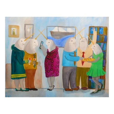 Narwhal Party Naive Original Watercolor Folk Art Painting 9×12 Potocki Whale
