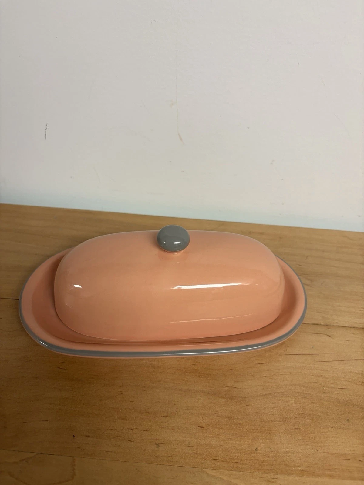 Vtg Studio Nova Butter Dish & Lid Peach/Gray Stoneware Glazed Japan Earthenware