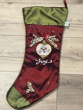 Cypress Home Satin Christmas Stocking Embroidered Faux Pearls Appliqued 22"