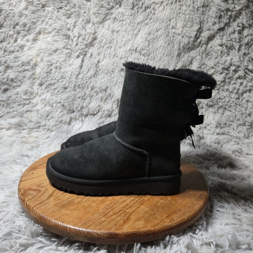 UGG Australia Bailey Ribbon Bows Women Size 5 Black Suede Sheepskin 