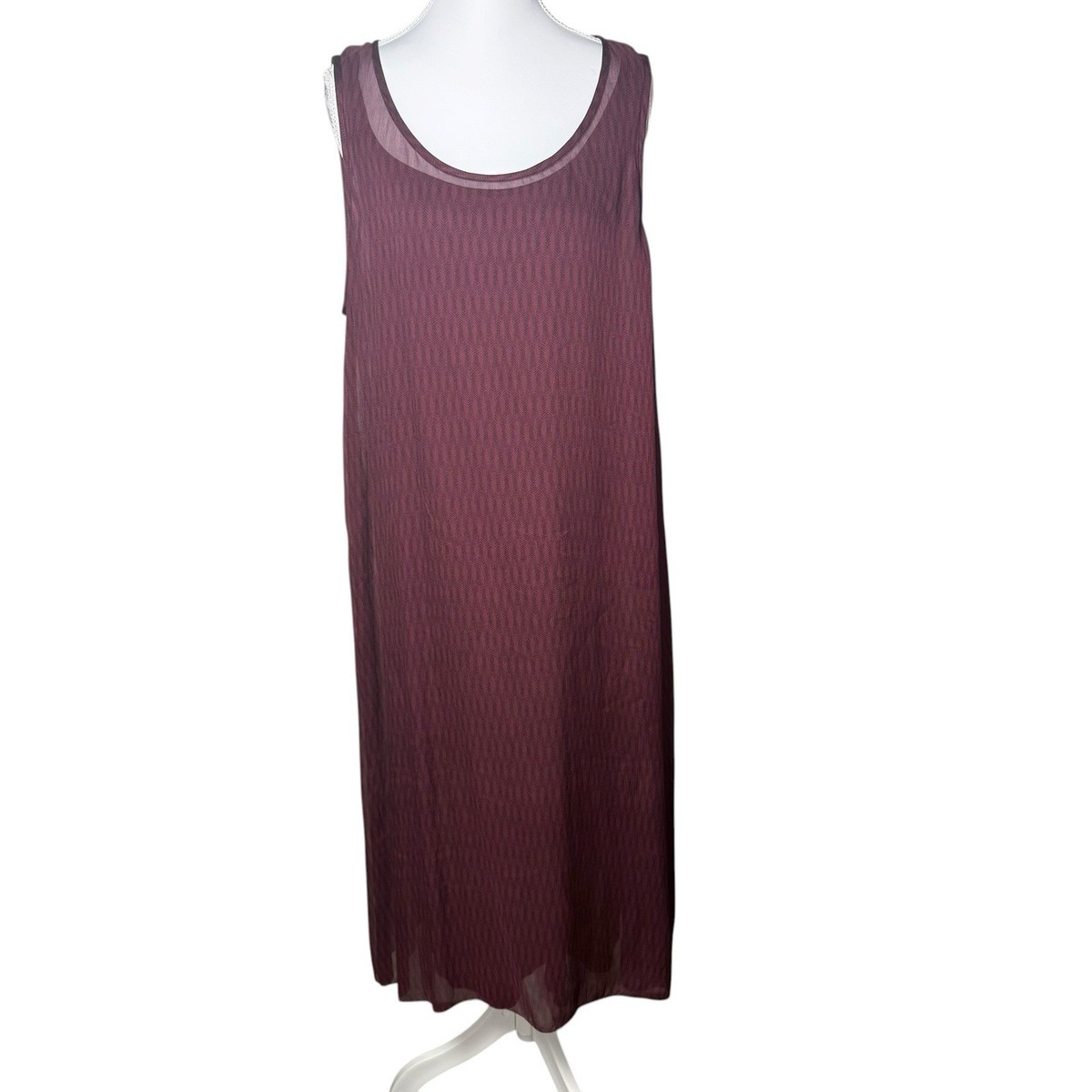 eileen fisher silk slip dress Eileen Fisher Silk Slip Dress L Claret Burgundy Chevron Sheer Layer Tencel