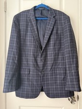 Jos A Bank Traveler Blue Plaid Wool Blazer Jacket Men 46L Tailored Fit Stretch