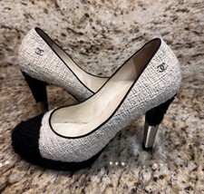 CHANEL Vintage Tweed Black White Logo Heels Women s SZ 6.5 37 Italy Designer