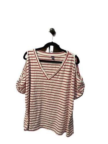 SHEIN Curve Red and White Striped Cold Shoulder V-Neck Tee 3XL