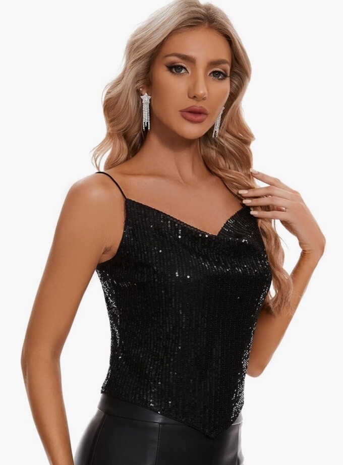 Women’s Black Sequin Spaghetti Strap Top Size Small Party Clubwear Tank Cami