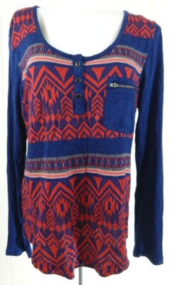 Soft Surroundings Women's Medium Top Sumatra Chevron Ikat Knit Henley EUC 