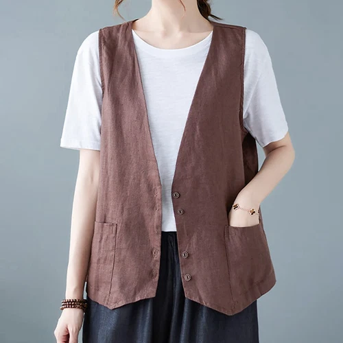 Mujeres Algodón Lino Sin Mangas Chaleco Abrigo Damas Botones Chaleco Informal Camiseta sin Mangas - Imagen 4 de 45
