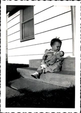 VTG Snapshot Photo Young Girl Baby Doll First Birthday "Elaine Sue Albee"