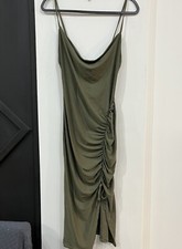 NWT Pretty Little Thing Khaki Soft Touch Cowl Neck Ruched Midi Dress Size 12