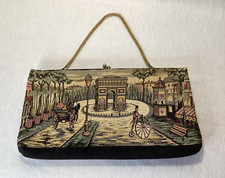 Vintage Tapestry Victorian Era City Scene Clutch Purse Gold Tone Chain w/Clasp