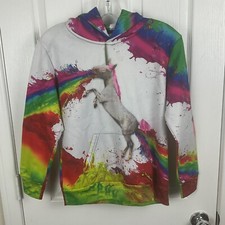 Girls  Unicorn Rainbow Full Art Overprint Hoodie Size XL