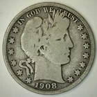 1908 D Silver Barber Half Dollar Coin VG 50c Circulated Very Good Fifty Cent
