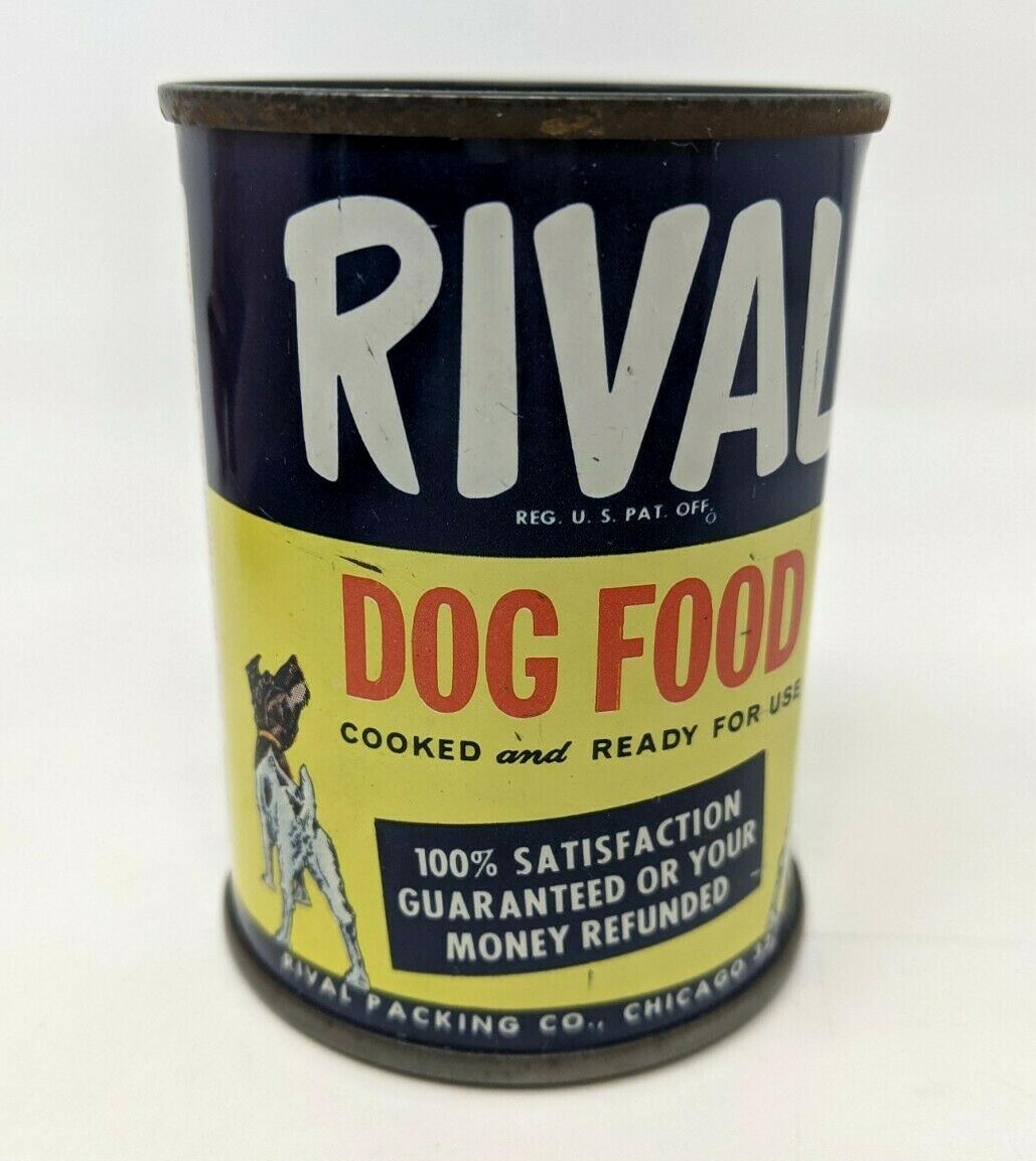 VTG MCM 1950s Rival Dog Food Advertising Metal Tin Can Coin Piggy Bank