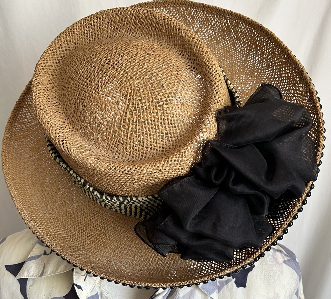 Black Straw Bow Trim Women\'s Dress Hat Black Straw Wide Brim Brimmed Picture Hat Curved Brim Edge  main image 2