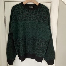 Vtg 80s DEMETRE Slalom Snow Ski Black Green Snowflakes Wool Sweater Sz L Mens