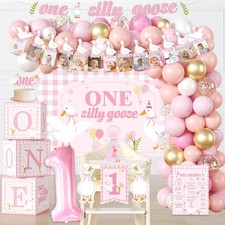 One Silly Goose Birthday Decor Girl, Goose Balloon Arch NB to 12 Months Photo...