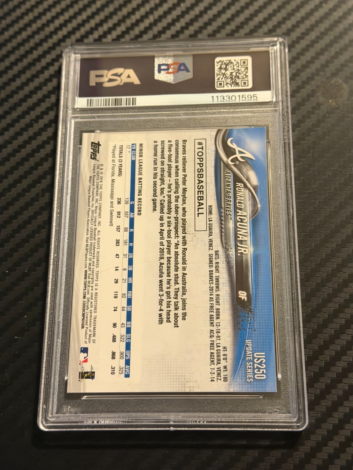 Ronald Acuna Jr. 2018 Topps Update Red and Blue Shirt SP Variation PSA 9 Rookie view 2