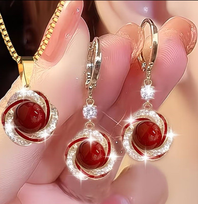 Red Round Stone Necklace & Earrings Set Gold Tone 1.6cm Fashion Jewelry