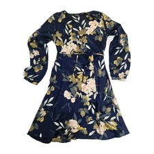 Lulus Floral Wrap Dress Women XS Tie Waist Satin Ruffle Long Sleeve Navy Elegant