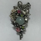 1950s Signed Miriam Haskell Floral Brooch Aqua Cabochon Pearl Rhinestones Silver