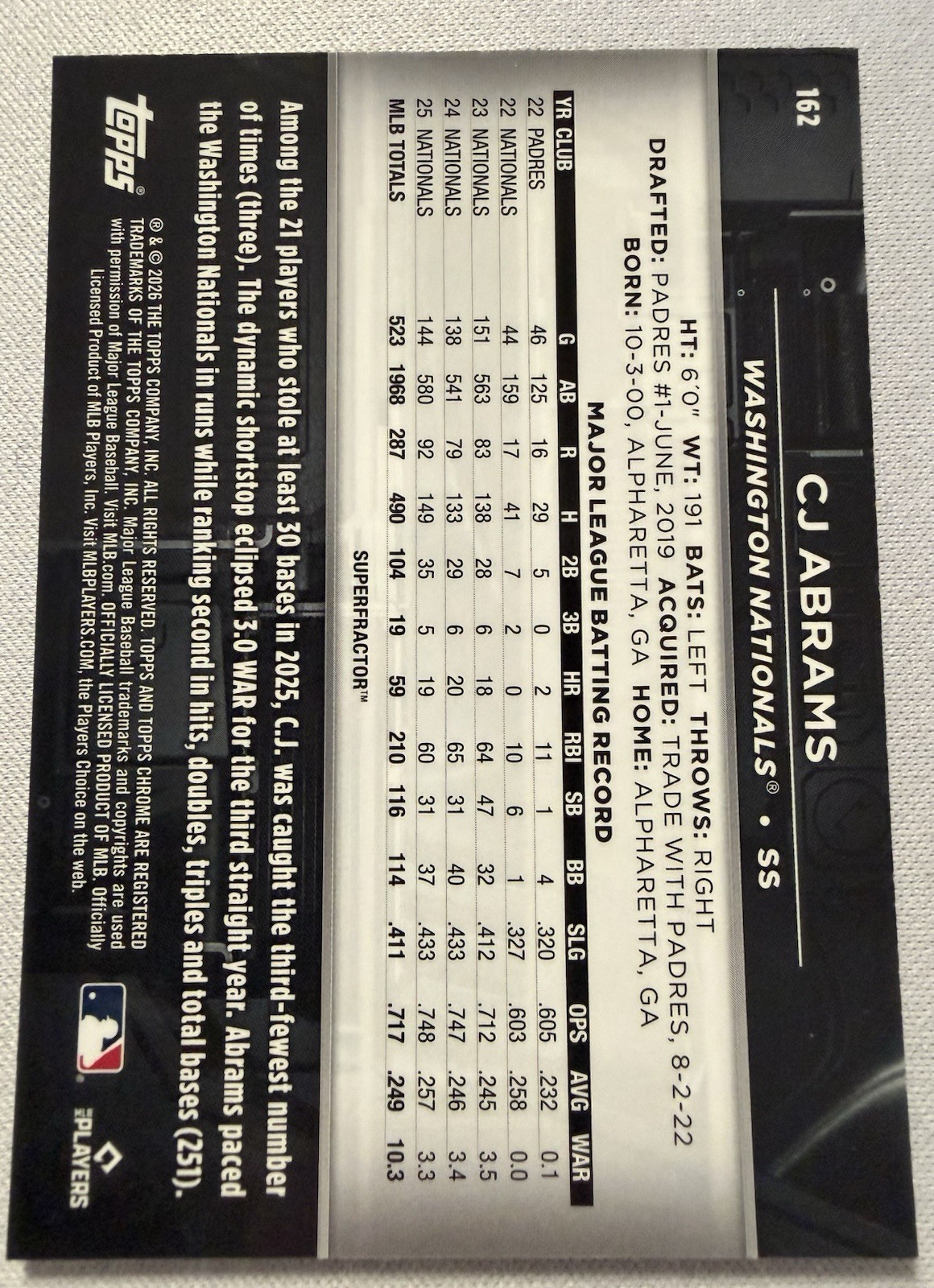 CJ Abrams 2025 Topps Chrome Black #1/1 Superfractor No.162 #1/1 view 2