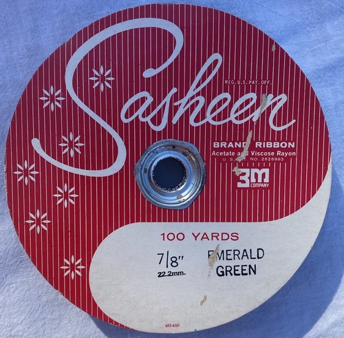 Vintage 1960s 3M Sasheen Emerald Green Ribbon 7/8” X 100 yards New old stock