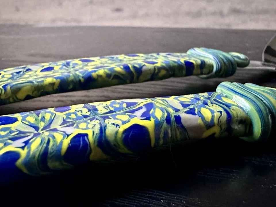 2 Artisan Serving Spoons, hand decorated with blue and green marbled clay, 10”  - Image 3 of 4