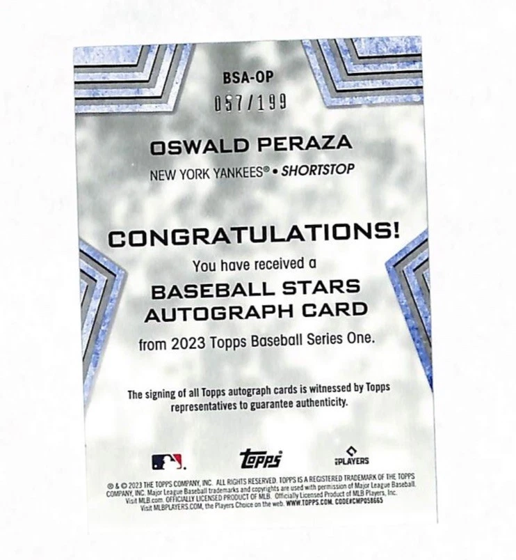 2023 Topps Oswald Peraza Baseball Stars Black Auto Rookie Card 57/199 Yankees - Image 2 of 2