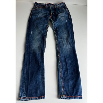Cipo & Baxx Distressed Denim Jeans Orange Green Stitching Mens 29x32