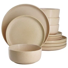 Soho Lounge Bryant Park 12 Piece Reactive Stoneware Dinnerware Set in Beige