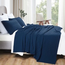 Navy Blue Waffle Weave Cotton Queen Blanket 90x90 Lightweight Bed  Sofa Cover